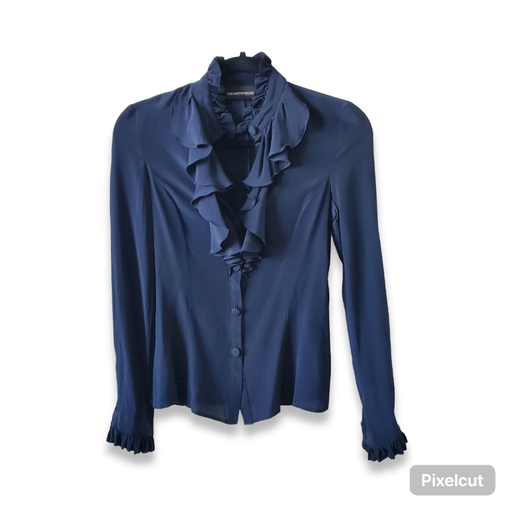 Emporio Armani navy ruffled silk blouse